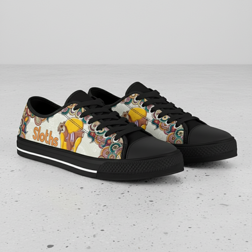Bohemian Sloth Mandala Print Low Top Canvas Sneakers for Men and Women