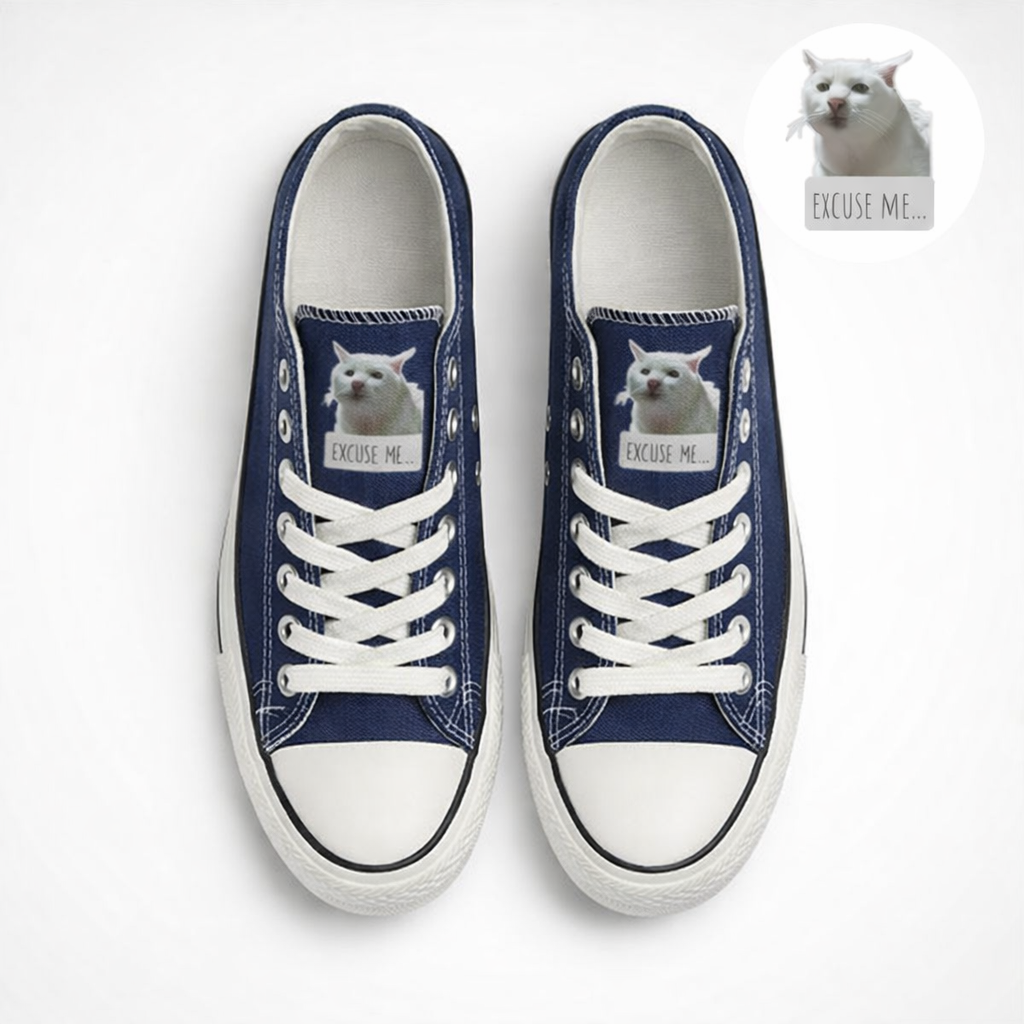 Funny Cat Meme Excuse Me Sneakers – Blue Canvas Low Top Shoes, Cute Casual Gift for Women & Men