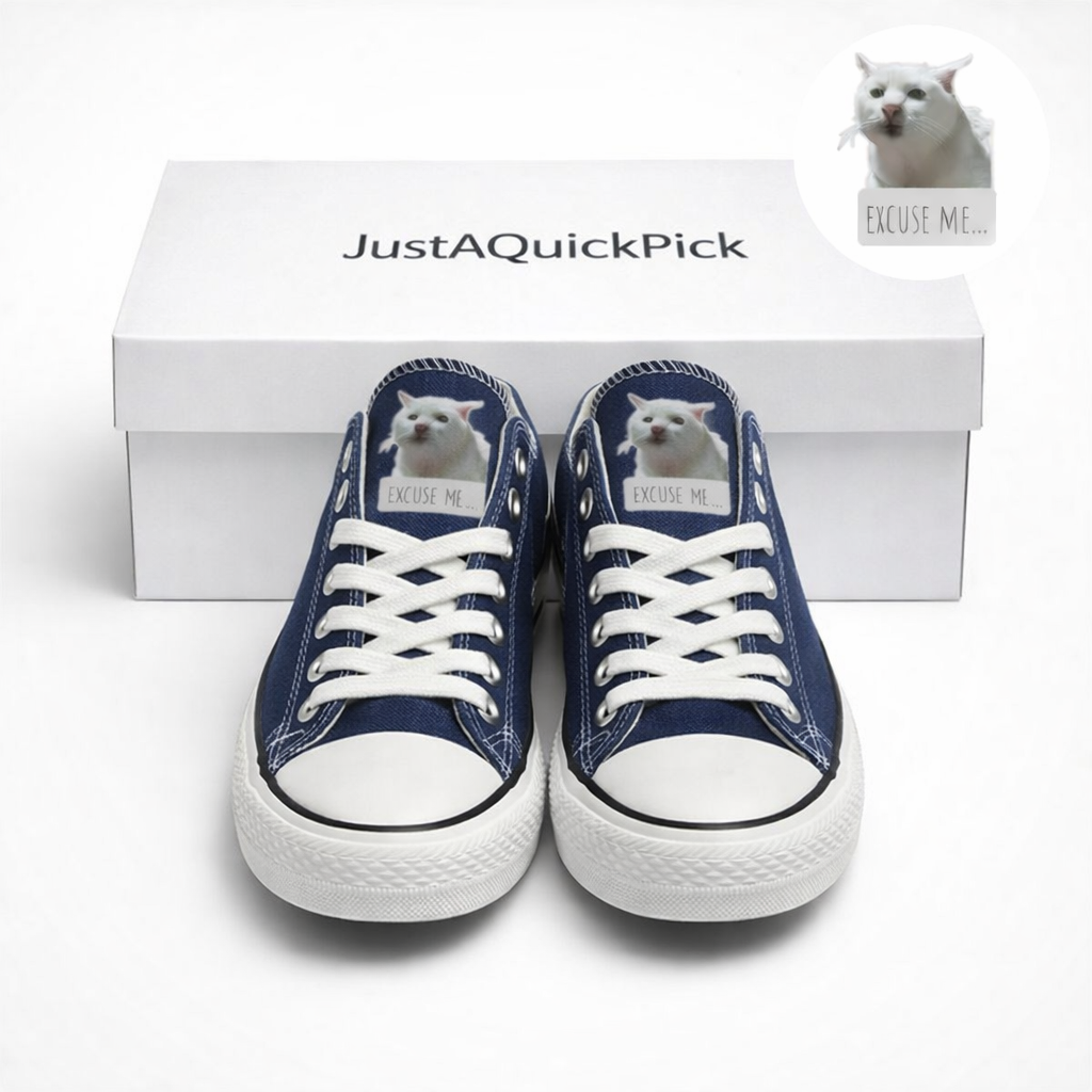 Funny Cat Meme Excuse Me Sneakers – Blue Canvas Low Top Shoes, Cute Casual Gift for Women & Men