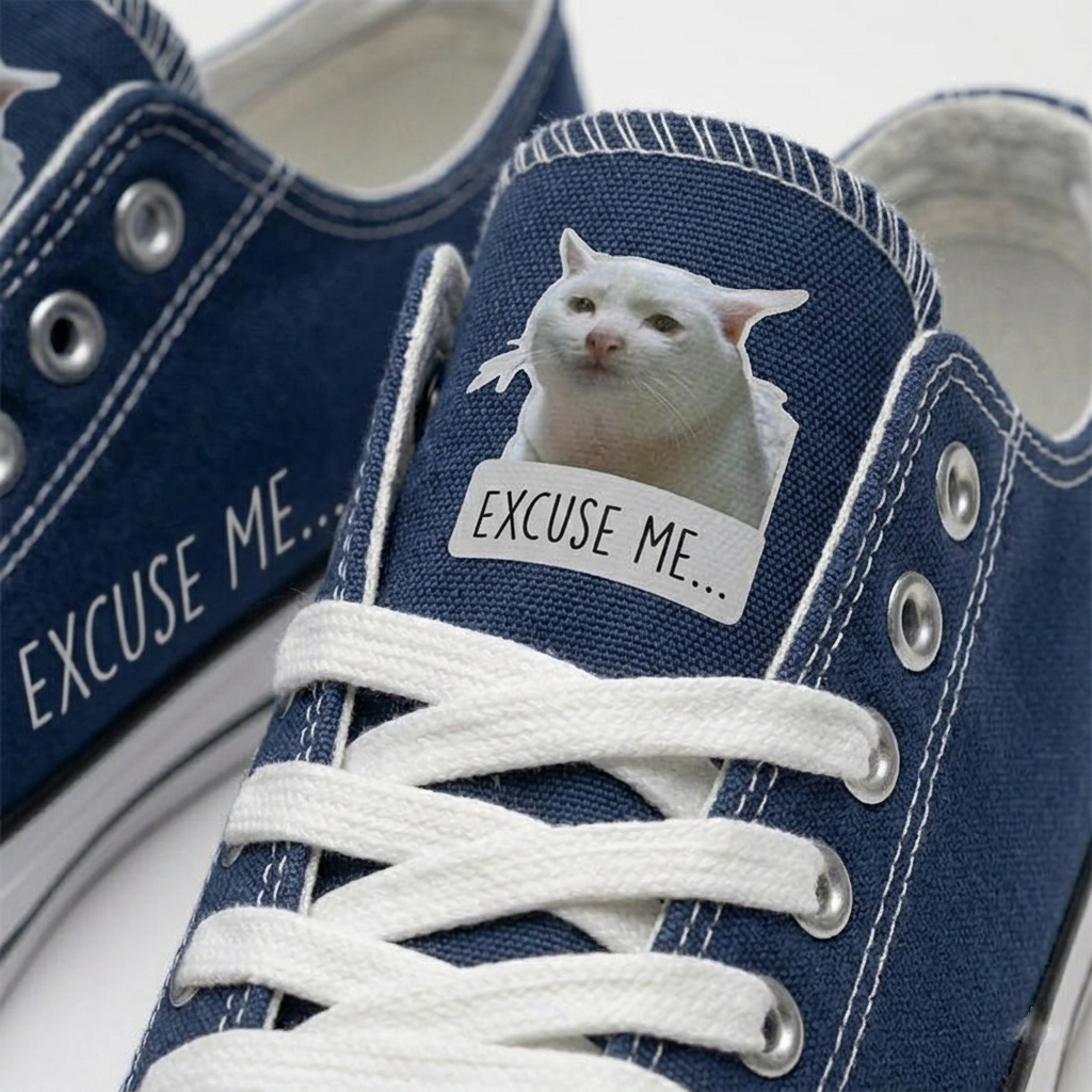 Funny Cat Meme Excuse Me Sneakers – Blue Canvas Low Top Shoes, Cute Casual Gift for Women & Men