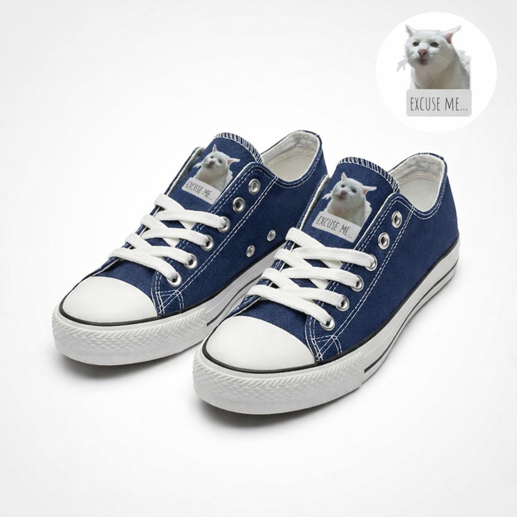 Funny Cat Meme Excuse Me Sneakers – Blue Canvas Low Top Shoes, Cute Casual Gift for Women & Men