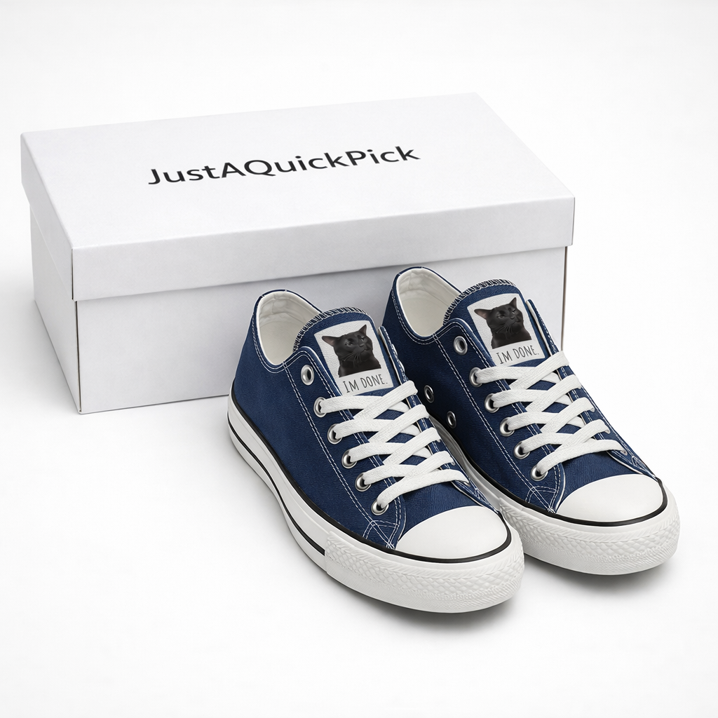 Funny Cat Meme Im Done Sneakers – Blue Canvas Low Top Shoes, Cute Casual Gift for Women & Men