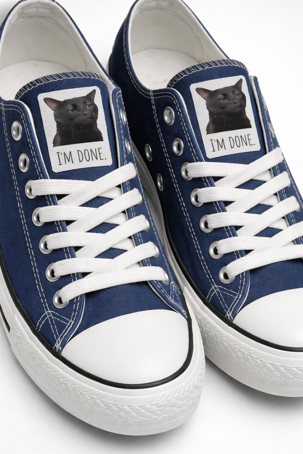 Funny Cat Meme Im Done Sneakers – Blue Canvas Low Top Shoes, Cute Casual Gift for Women & Men