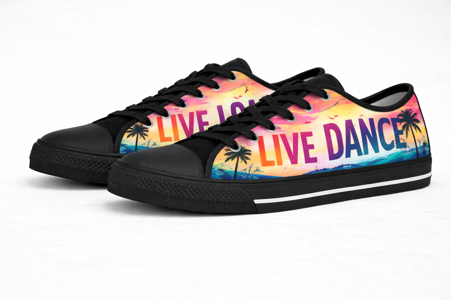 Live Love Dance Tropical Sneakers – Women’s Low Top Canvas Shoes, Sunset Beach Style