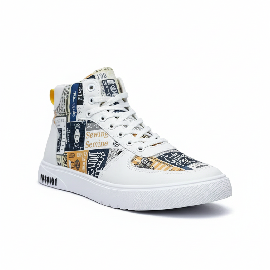Men's Casual Newspaper Print High Top Skateboarding Sneakers Streetwear Shoes