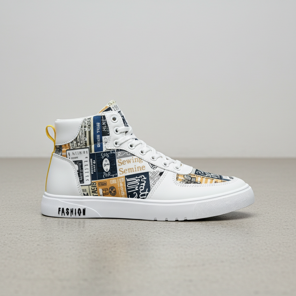 Men's Casual Newspaper Print High Top Skateboarding Sneakers Streetwear Shoes