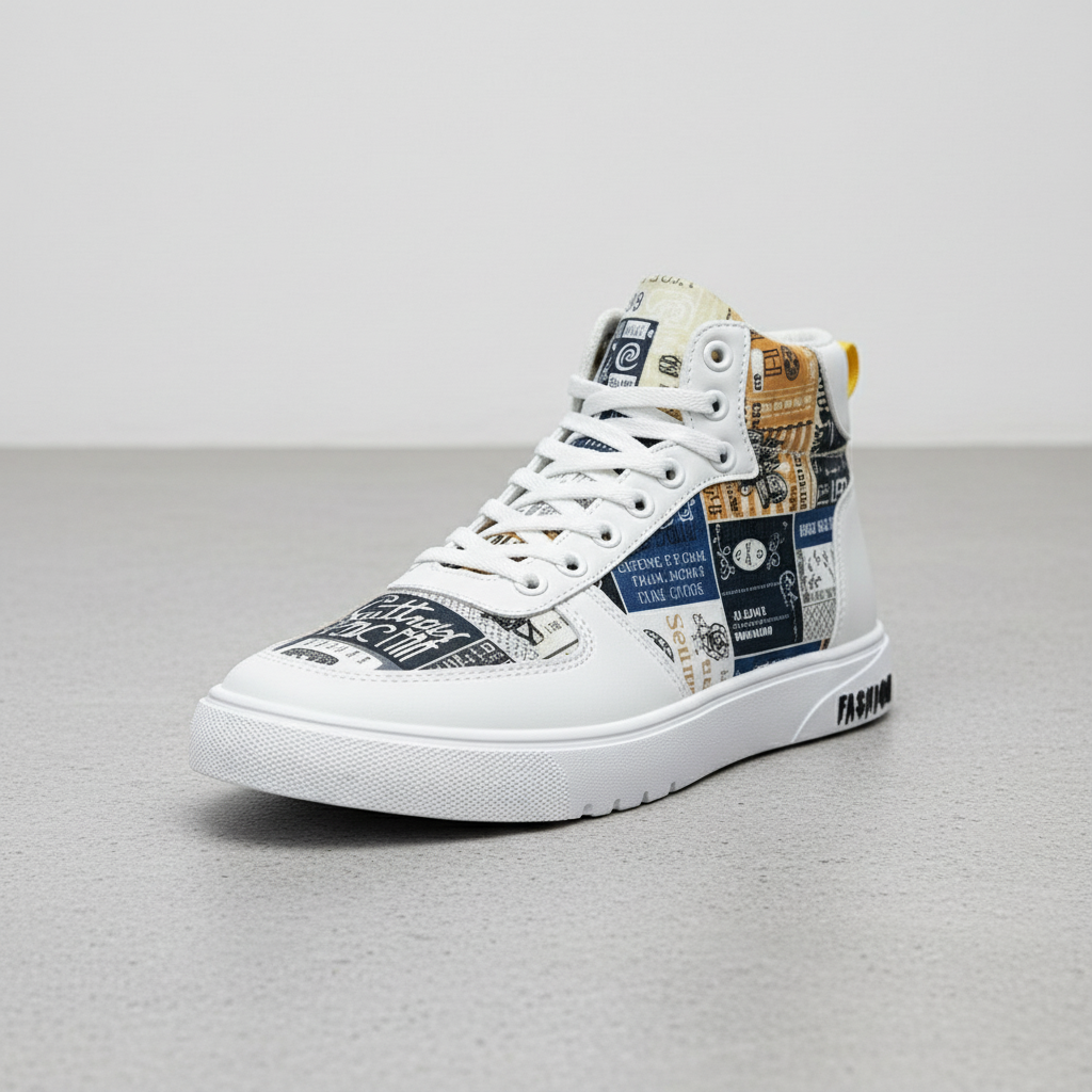 Men's Casual Newspaper Print High Top Skateboarding Sneakers Streetwear Shoes