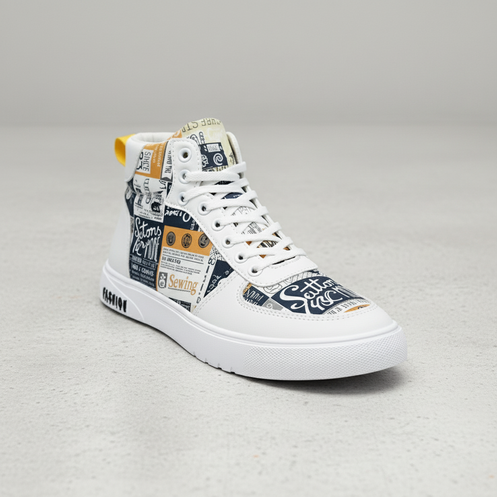 Men's Casual Newspaper Print High Top Skateboarding Sneakers Streetwear Shoes