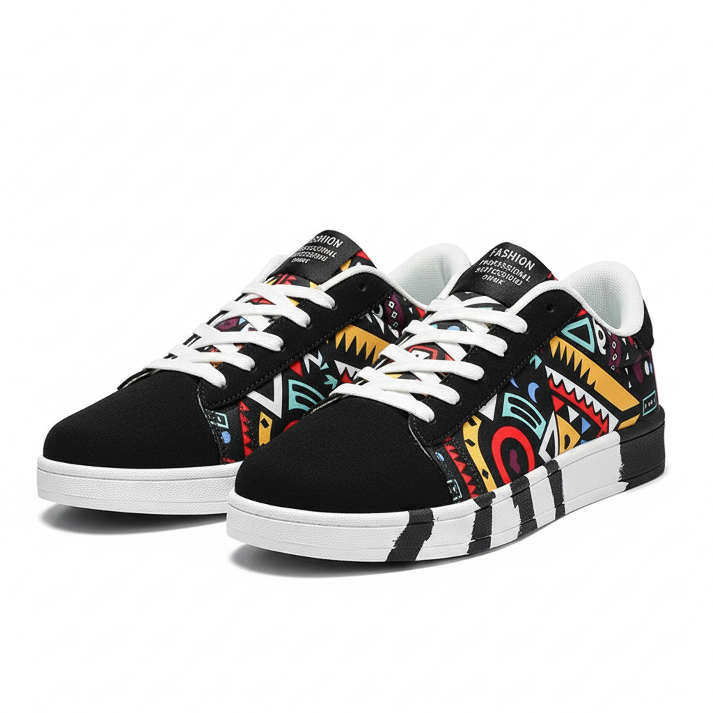 Men's Geometric Graffiti Canvas Sneakers Colorful Lace-Up Skate Shoes