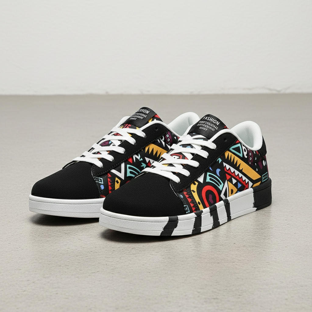 Men's Geometric Graffiti Canvas Sneakers Colorful Lace-Up Skate Shoes