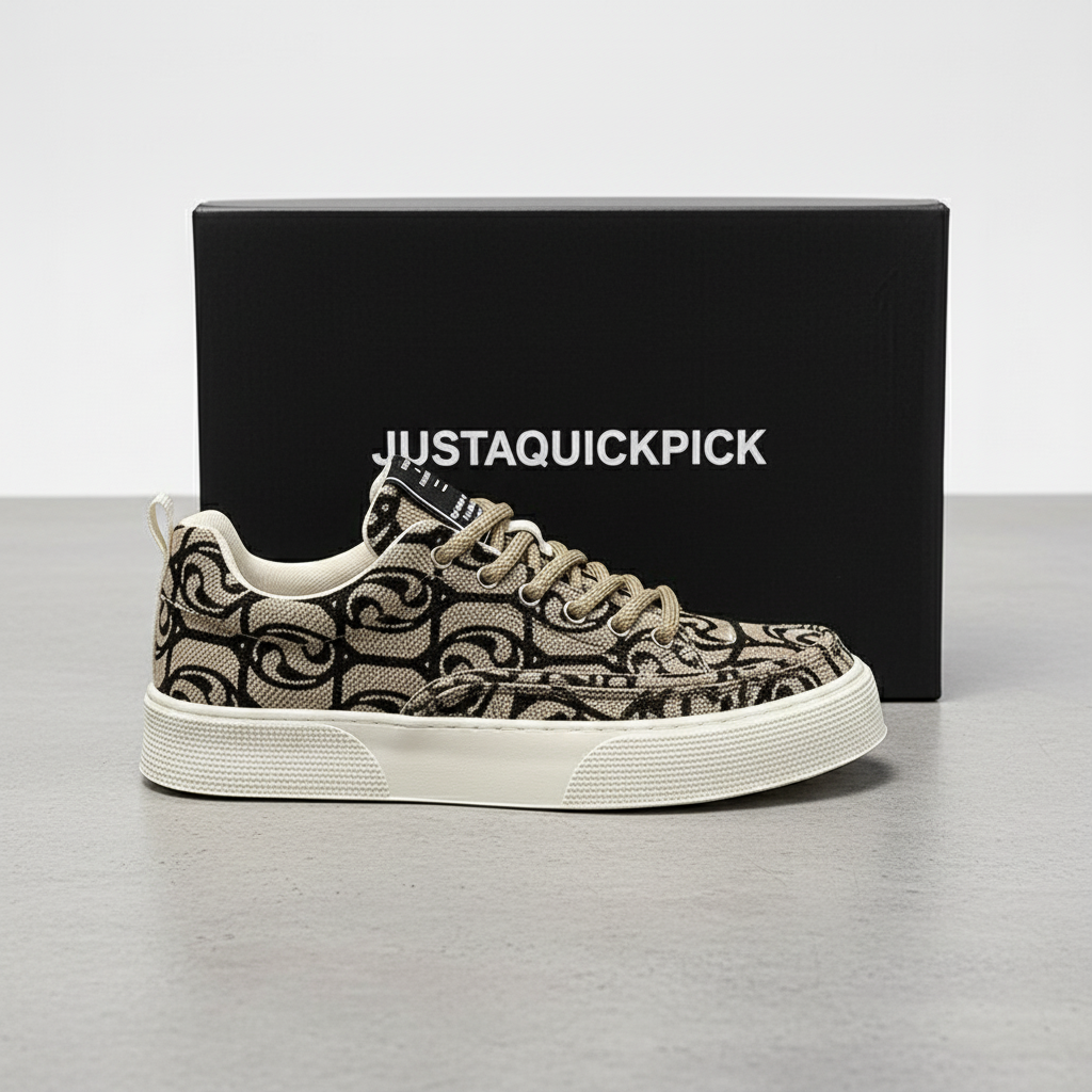 Men's Khaki Printed Canvas Chunky Sneakers Low Top Skateboard Shoes