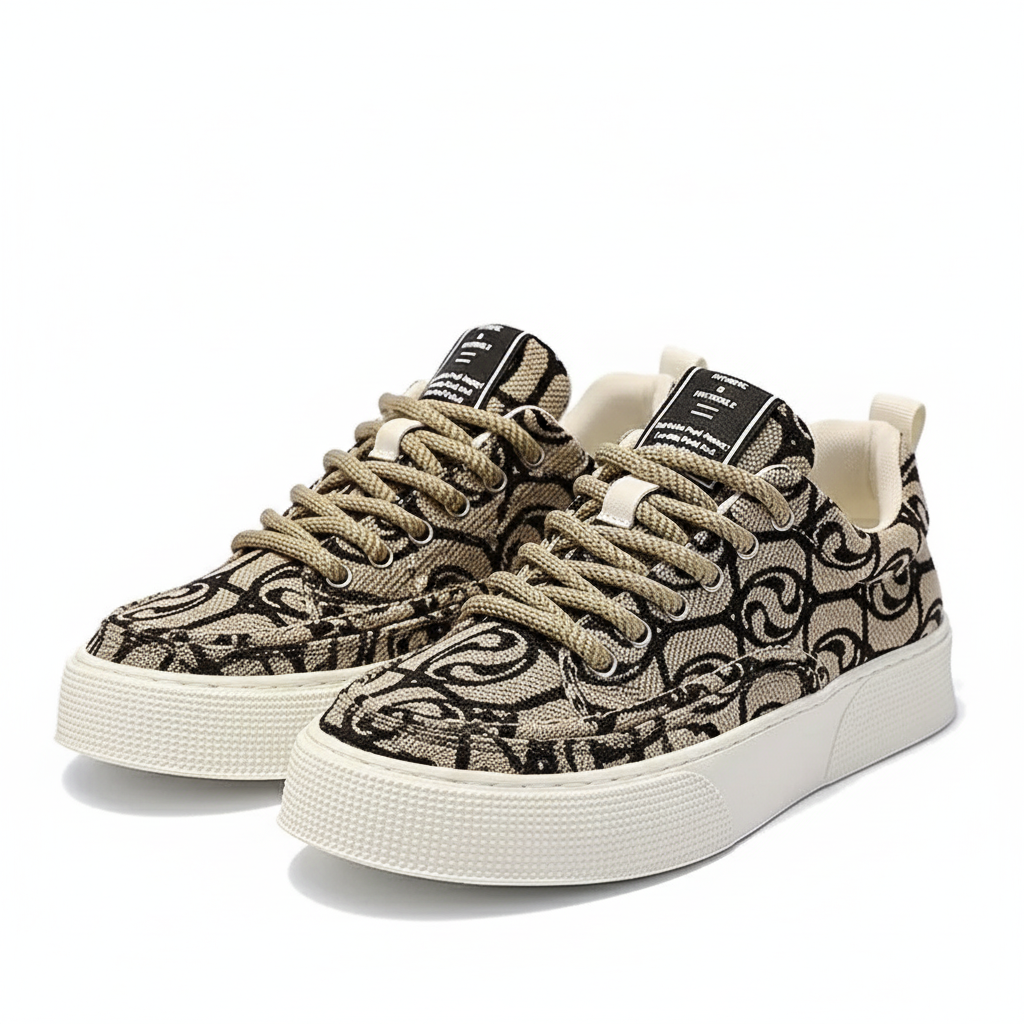 Men's Khaki Printed Canvas Chunky Sneakers Low Top Skateboard Shoes