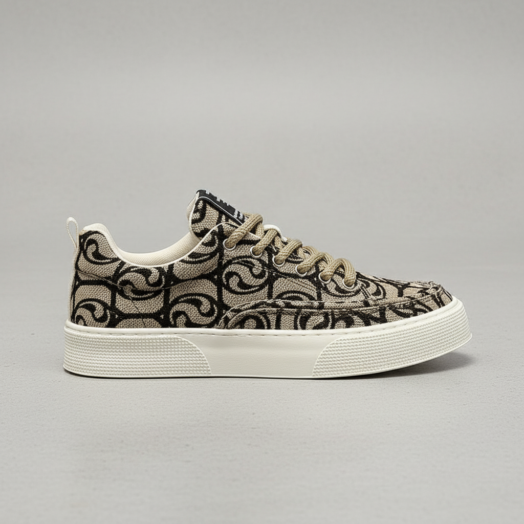 Men's Khaki Printed Canvas Chunky Sneakers Low Top Skateboard Shoes