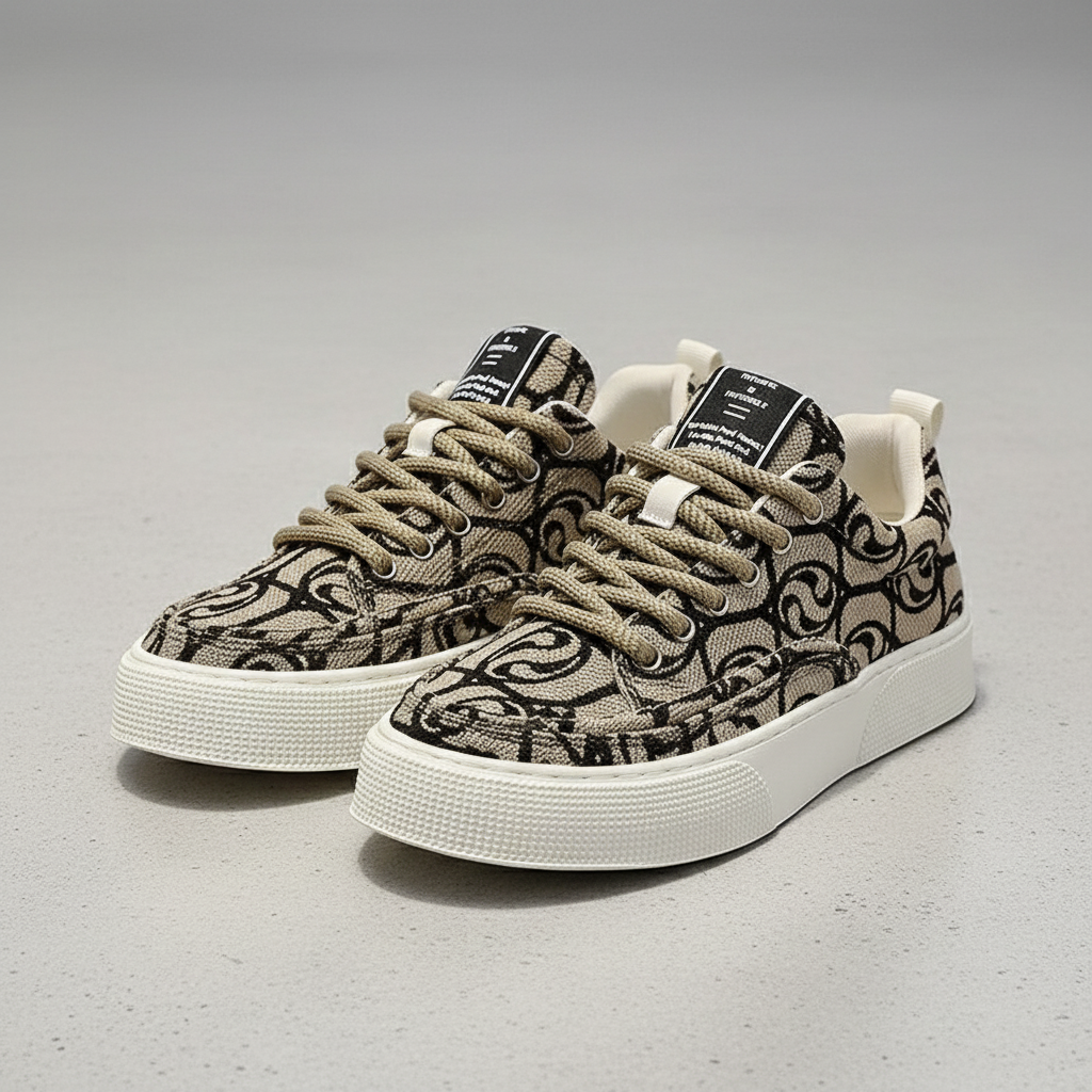Men's Khaki Printed Canvas Chunky Sneakers Low Top Skateboard Shoes