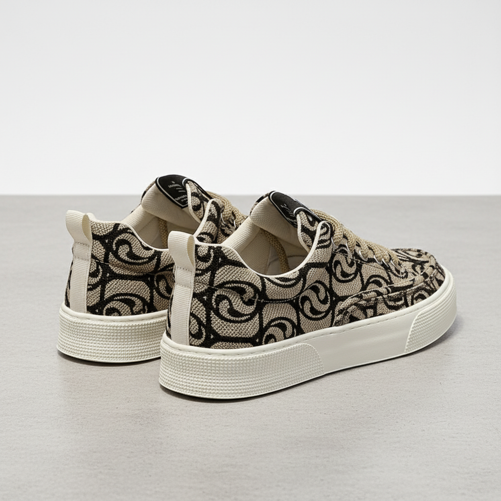 Men's Khaki Printed Canvas Chunky Sneakers Low Top Skateboard Shoes