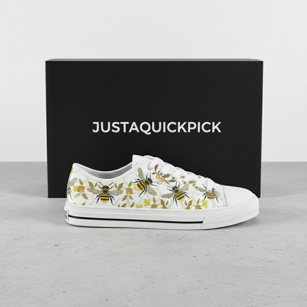 Women's Cute Bee Pattern Low Top Canvas Sneakers Casual White Flats