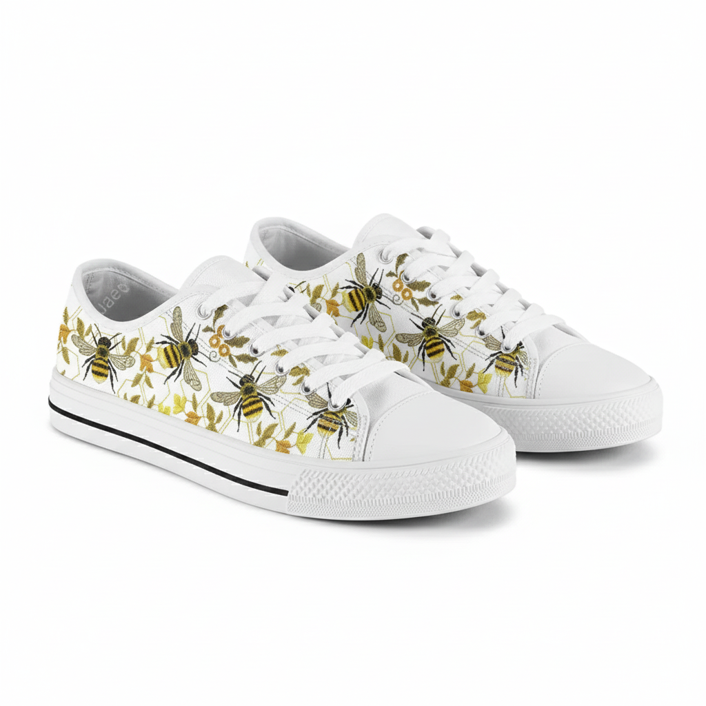 Women's Cute Bee Pattern Low Top Canvas Sneakers Casual White Flats