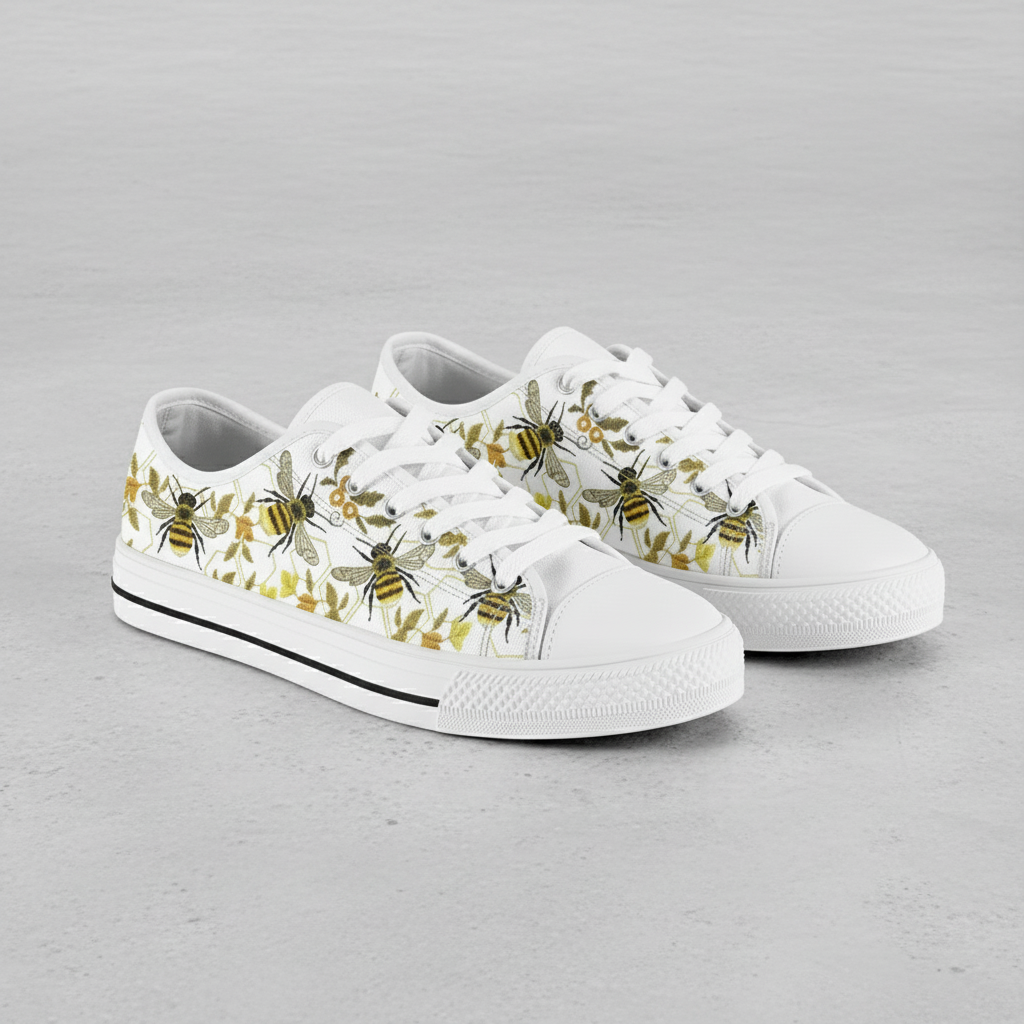 Women's Cute Bee Pattern Low Top Canvas Sneakers Casual White Flats