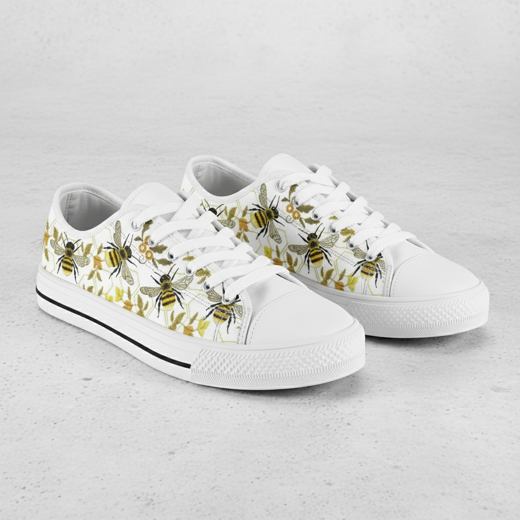 Women's Cute Bee Pattern Low Top Canvas Sneakers Casual White Flats