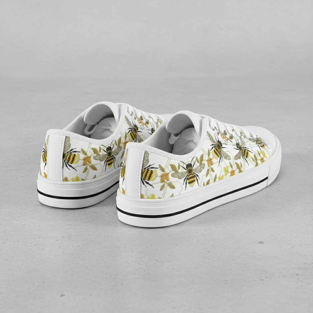 Women's Cute Bee Pattern Low Top Canvas Sneakers Casual White Flats
